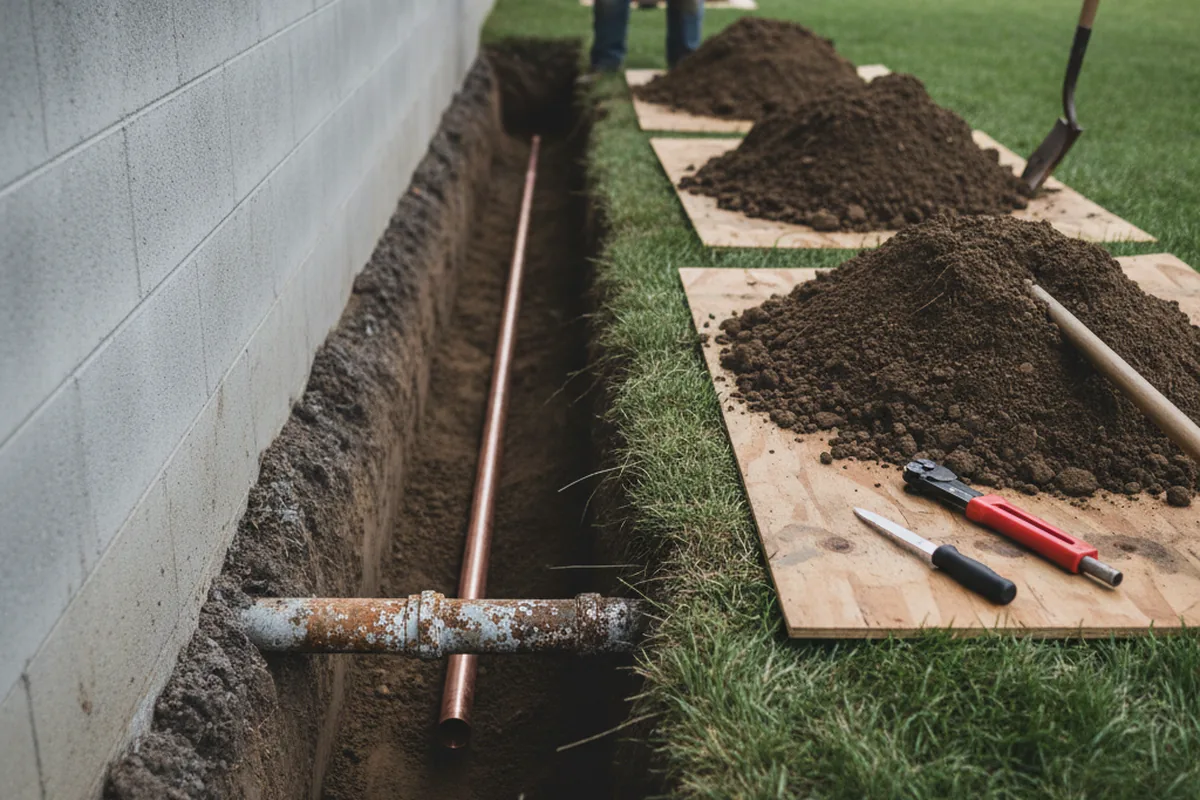 Excavated water line trench during Water Softener Installation in Paradise